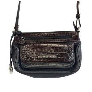 Brighton Black Leather Crossbody Purse Croc‎ Embossed Flap Bag Silver Accents